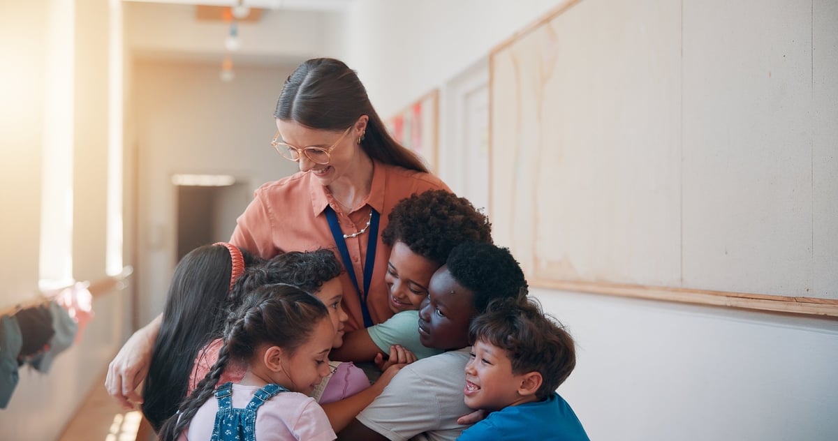 School, love and children hugging teacher for bonding, learning and education development