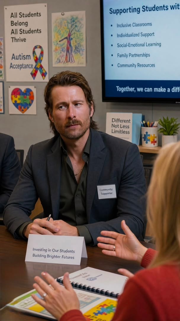 Man in black blazer speaking at panel on student support with autism acceptance posters and presentation screen visible in background
